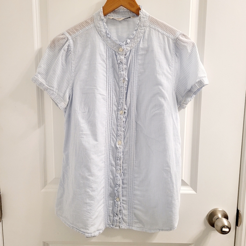 Old Navy Dainty Frilly Cotton Blue and White Stripe Cottagecore Light Blouse Sm